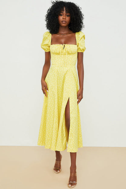Women’s Midi Sundress – Cotton Blend – Ruched Bodice – Puff Sleeve – Square Neckline