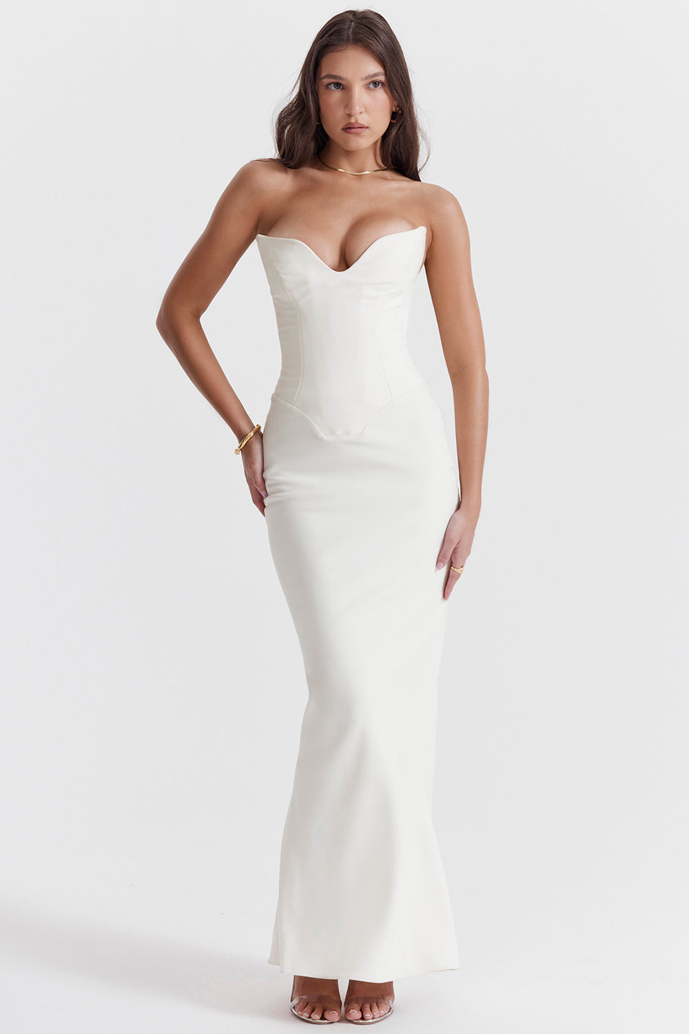 Women’s Corset Dress – Strapless Satin – Fitted Bodice – Full Length Formal Gown