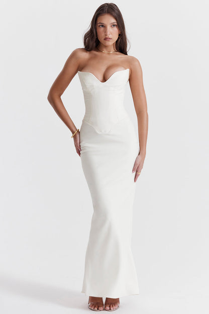 Women’s Corset Dress – Strapless Satin – Fitted Bodice – Full Length Formal Gown