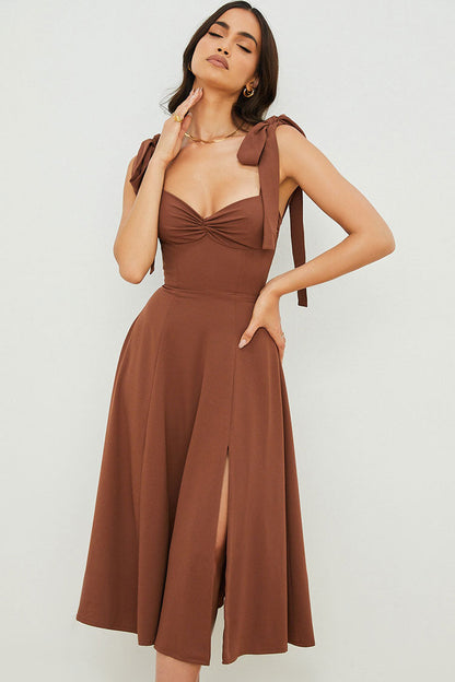 Women’s Midi Slip Dress – Fit and Flare – Ruched Bust – High Slit – Tie Straps
