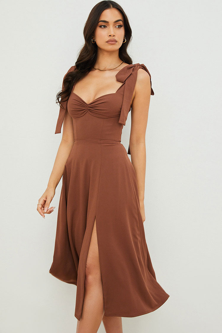 Women’s Midi Slip Dress – Fit and Flare – Ruched Bust – High Slit – Tie Straps