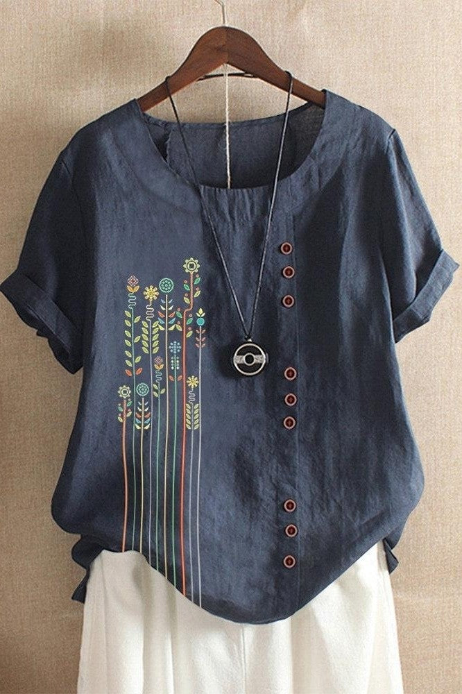 Women’s T-Shirt – Relaxed Fit – Short Sleeve – Floral Print – Decorative Buttons – Breathable Blend