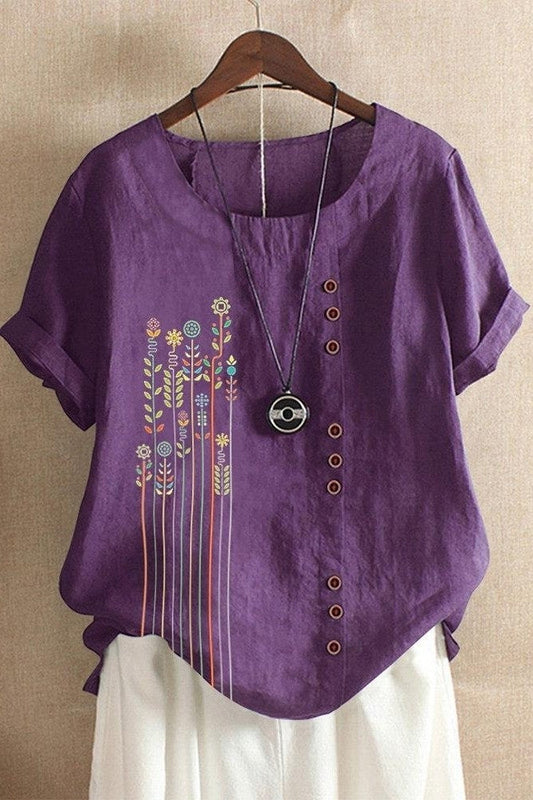 Women’s T-Shirt – Relaxed Fit – Short Sleeve – Floral Print – Decorative Buttons – Breathable Blend