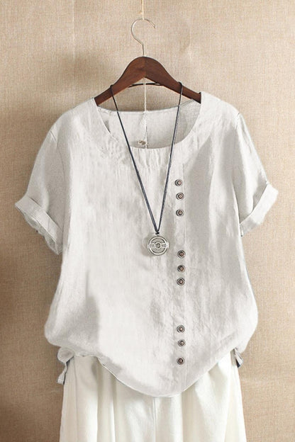 Women’s Blouse – Relaxed Fit – Short Sleeve – Round Neck – Side Button Detail – Breathable Blend