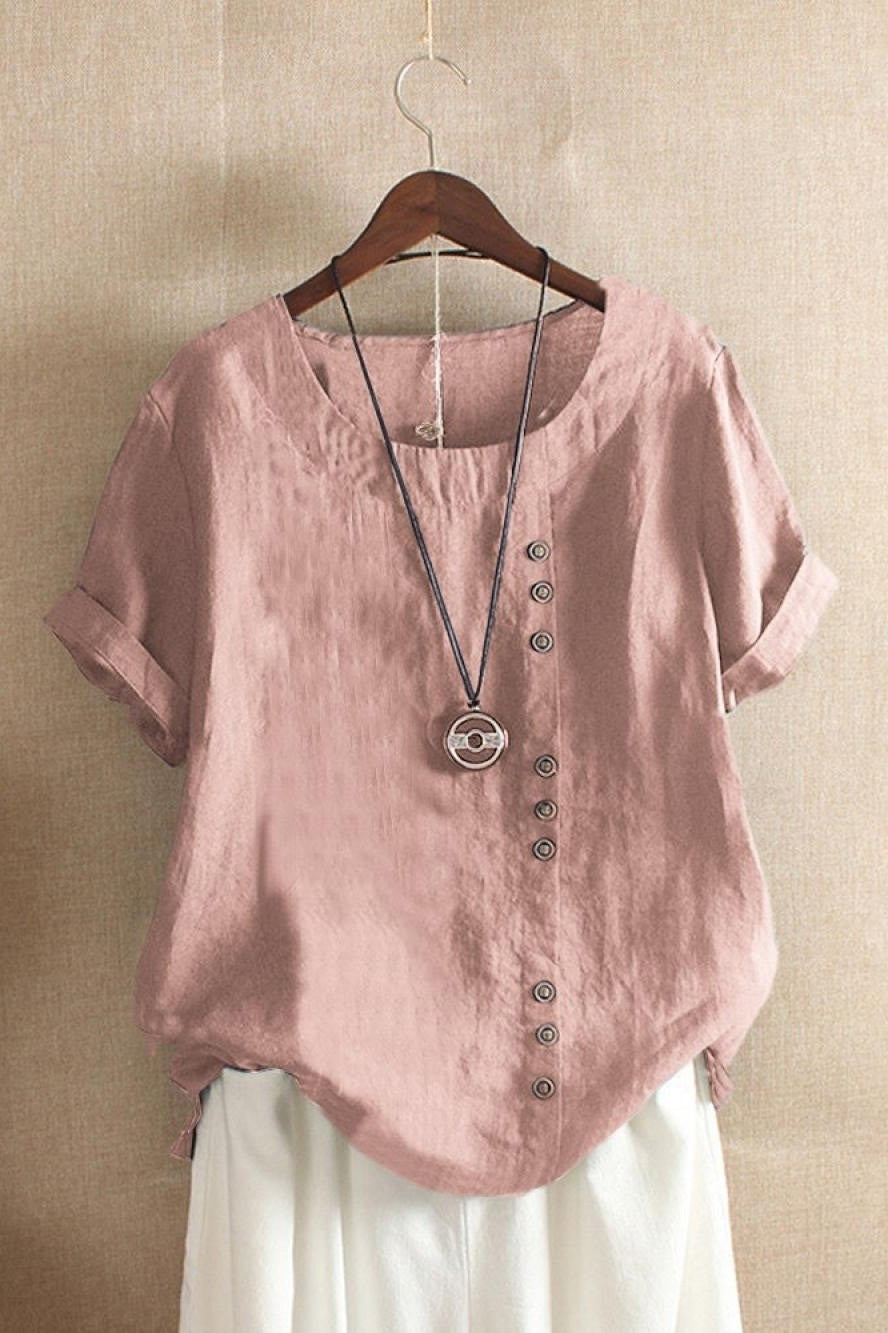 Women’s Blouse – Relaxed Fit – Short Sleeve – Round Neck – Side Button Detail – Breathable Blend