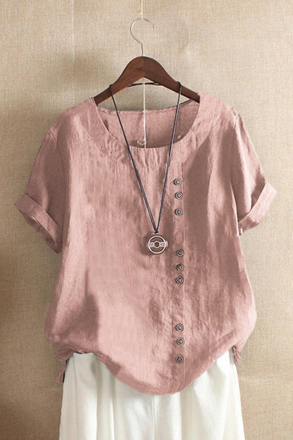 Women’s Blouse – Relaxed Fit – Short Sleeve – Round Neck – Side Button Detail – Breathable Blend