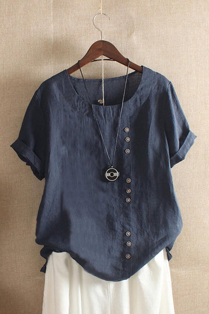 Women’s Blouse – Relaxed Fit – Short Sleeve – Round Neck – Side Button Detail – Breathable Blend