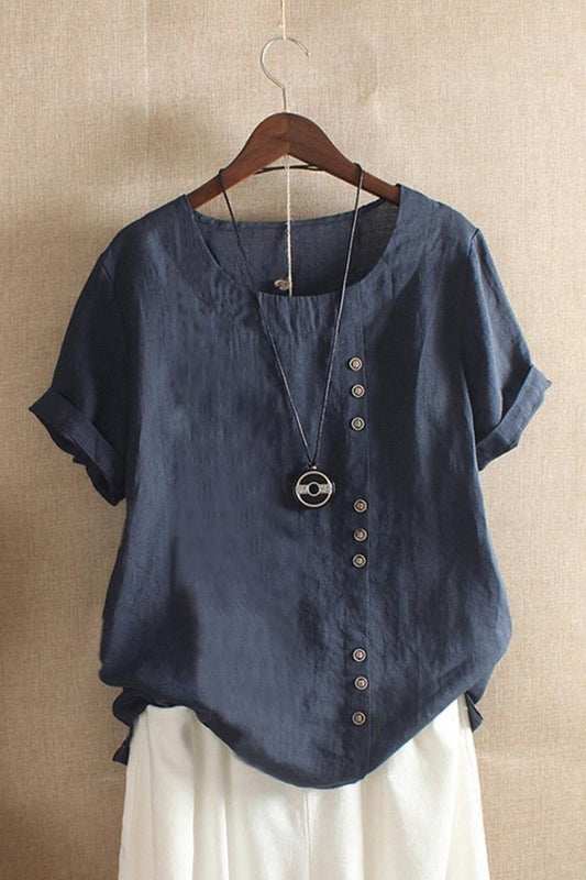 Women’s Blouse – Relaxed Fit – Short Sleeve – Round Neck – Side Button Detail – Breathable Blend