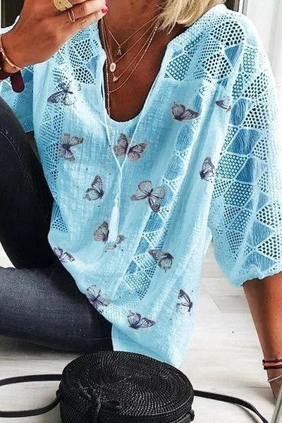 Women’s Blouse – Relaxed Fit – V-Neck – 3/4 Sleeve – Lace Trim – Butterfly Print