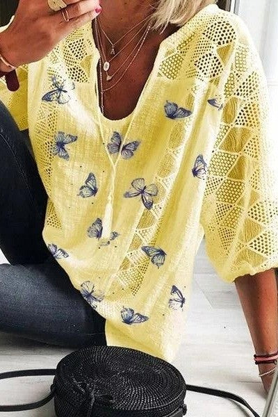 Women’s Blouse – Relaxed Fit – V-Neck – 3/4 Sleeve – Lace Trim – Butterfly Print