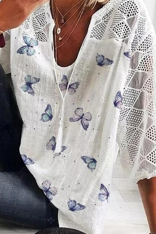 Women’s Blouse – Relaxed Fit – V-Neck – 3/4 Sleeve – Lace Trim – Butterfly Print