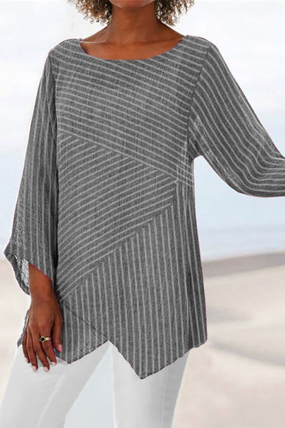 Women’s Blouse – Relaxed Fit – Striped Cotton – Crew Neck – Long Sleeve – Asymmetrical Hem