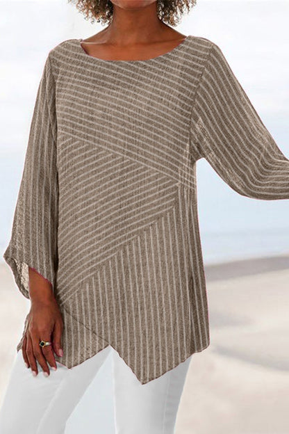 Women’s Blouse – Relaxed Fit – Striped Cotton – Crew Neck – Long Sleeve – Asymmetrical Hem