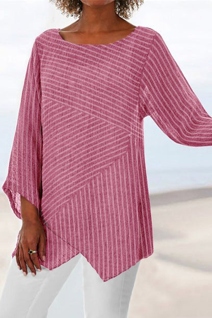 Women’s Blouse – Relaxed Fit – Striped Cotton – Crew Neck – Long Sleeve – Asymmetrical Hem