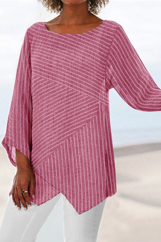 Women’s Blouse – Relaxed Fit – Striped Cotton – Crew Neck – Long Sleeve – Asymmetrical Hem