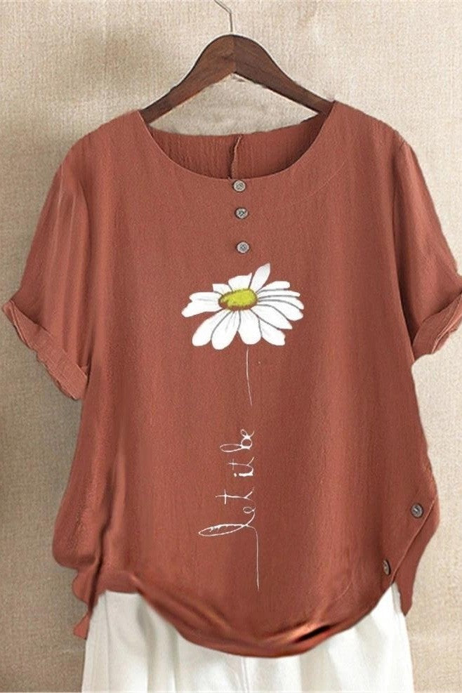 Women’s Short Sleeve Shirt – Relaxed Fit – Breathable Blend – Floral Print – Round Neck