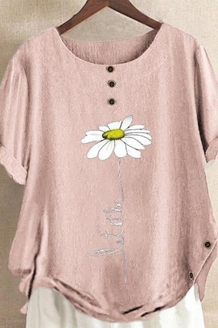 Women’s Short Sleeve Shirt – Relaxed Fit – Breathable Blend – Floral Print – Round Neck