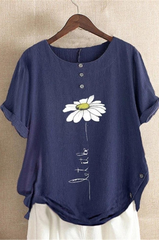 Women’s Short Sleeve Shirt – Relaxed Fit – Breathable Blend – Floral Print – Round Neck