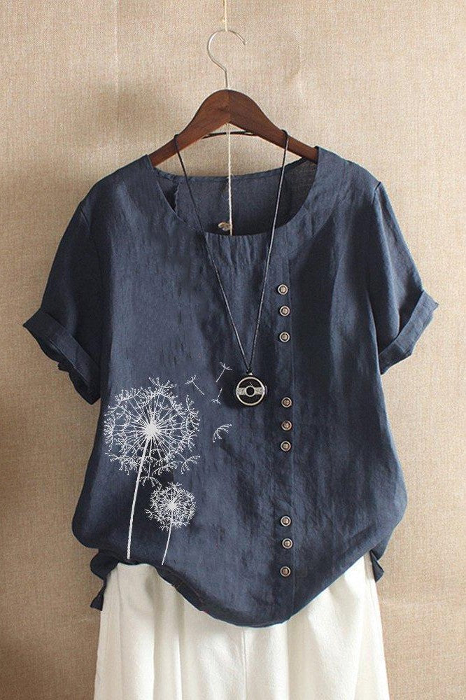 Women’s T-Shirt – Relaxed Fit – Natural Fibers – Floral Print – Crew Neck