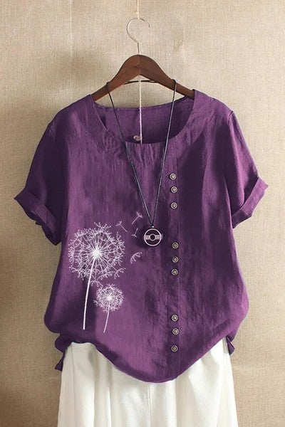 Women’s T-Shirt – Relaxed Fit – Natural Fibers – Floral Print – Crew Neck
