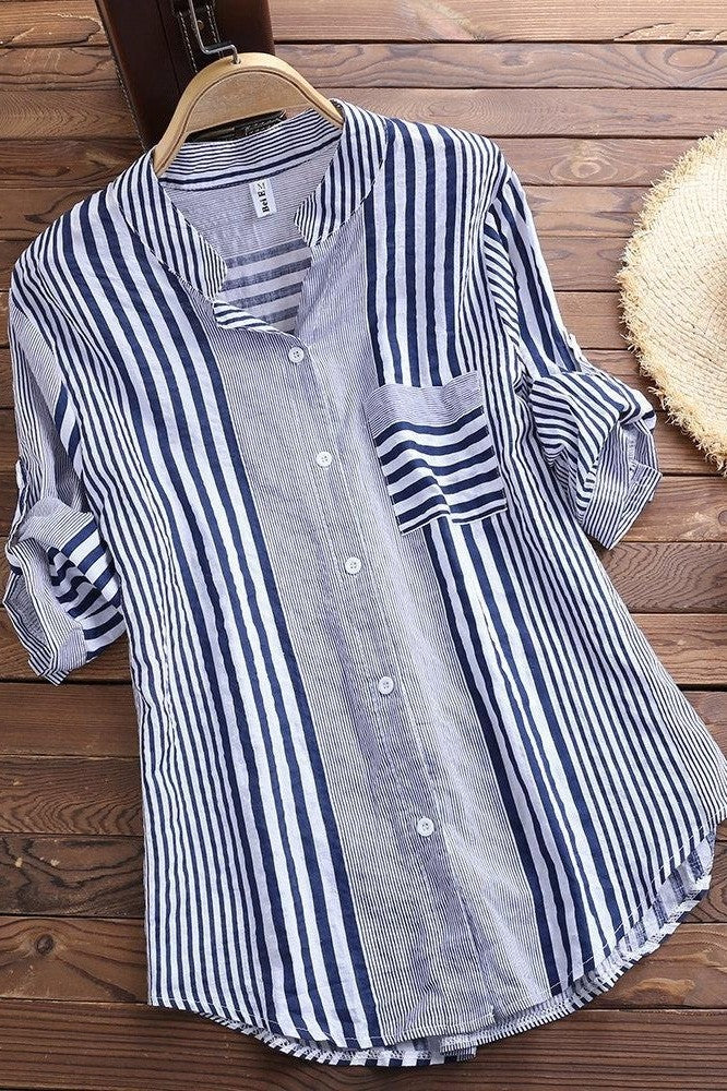 Women’s Tunic Blouse - Cotton Blend - Relaxed Fit - Band Collar - Roll-Tab Sleeves