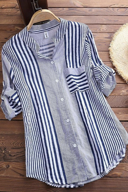 Women’s Tunic Blouse - Cotton Blend - Relaxed Fit - Band Collar - Roll-Tab Sleeves