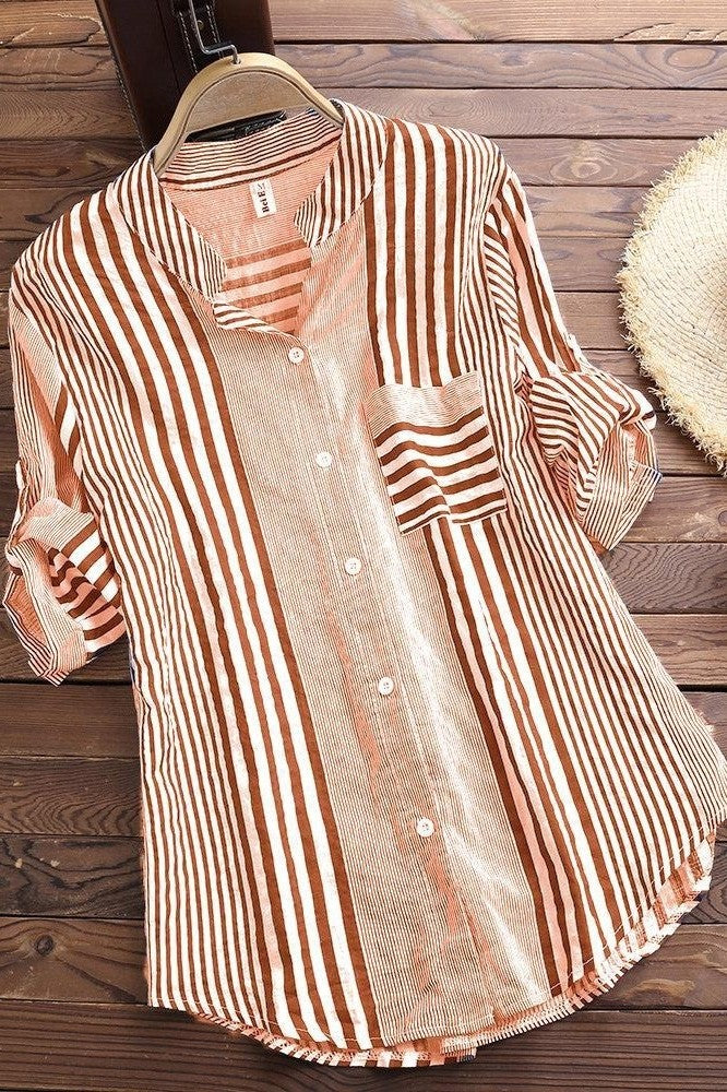 Women’s Tunic Blouse - Cotton Blend - Relaxed Fit - Band Collar - Roll-Tab Sleeves