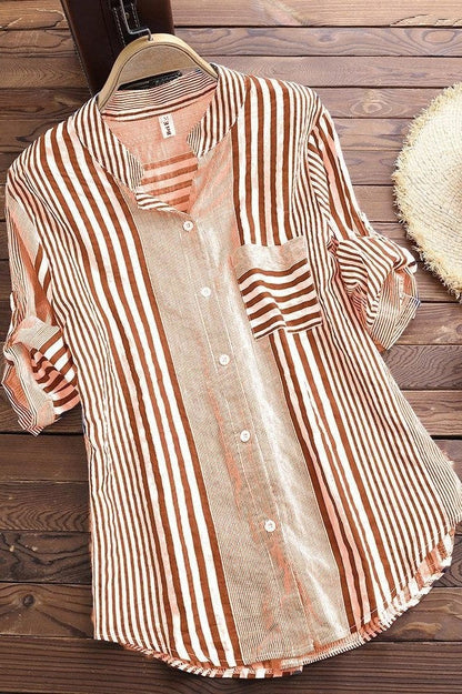 Women’s Tunic Blouse - Cotton Blend - Relaxed Fit - Band Collar - Roll-Tab Sleeves