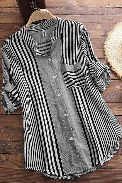 Women’s Tunic Blouse - Cotton Blend - Relaxed Fit - Band Collar - Roll-Tab Sleeves