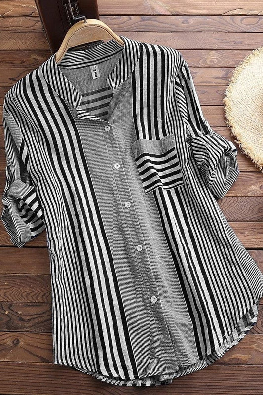 Women’s Tunic Blouse - Cotton Blend - Relaxed Fit - Band Collar - Roll-Tab Sleeves