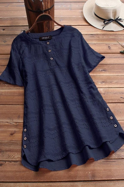 Women’s T-Shirt – Loose Fit – Eyelet Detail – Button Front – Breathable Blend