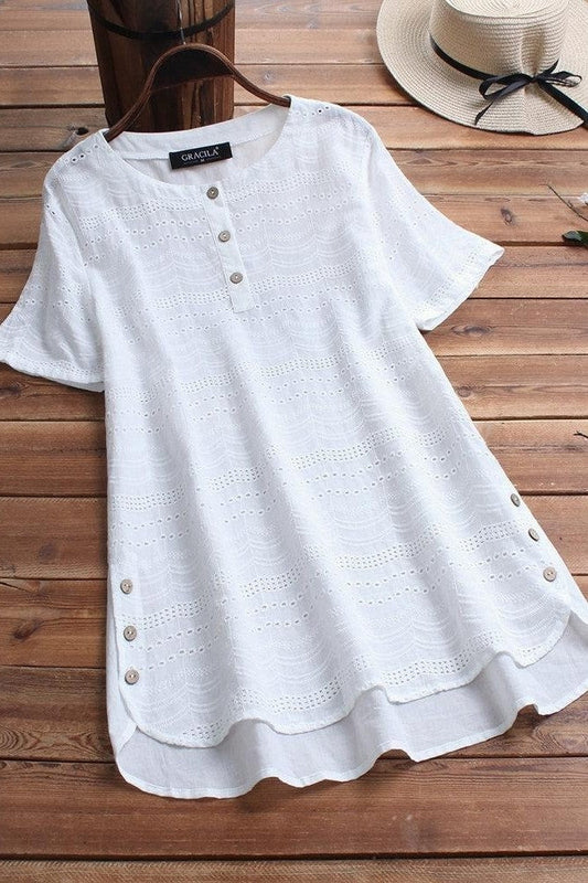 Women’s T-Shirt – Loose Fit – Eyelet Detail – Button Front – Breathable Blend