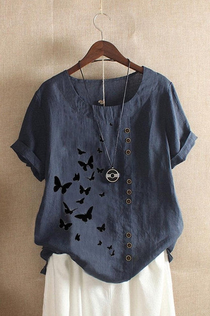 Women’s T-Shirt – Relaxed Fit – Rolled Short Sleeves – O-Neck – Butterfly Print – Breathable Blend