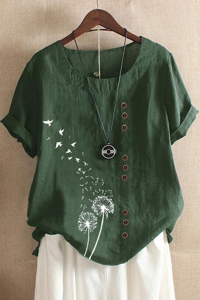 Women’s T-Shirt – Relaxed Fit – Natural Fibers – O-Neck – Short Sleeve – Artistic Print