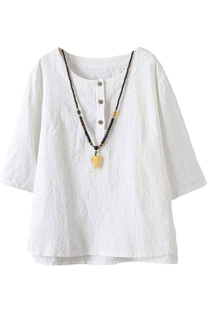 Women’s Button Shirt – Relaxed Fit – 3/4 Sleeve – Round Neck – Breathable Blend