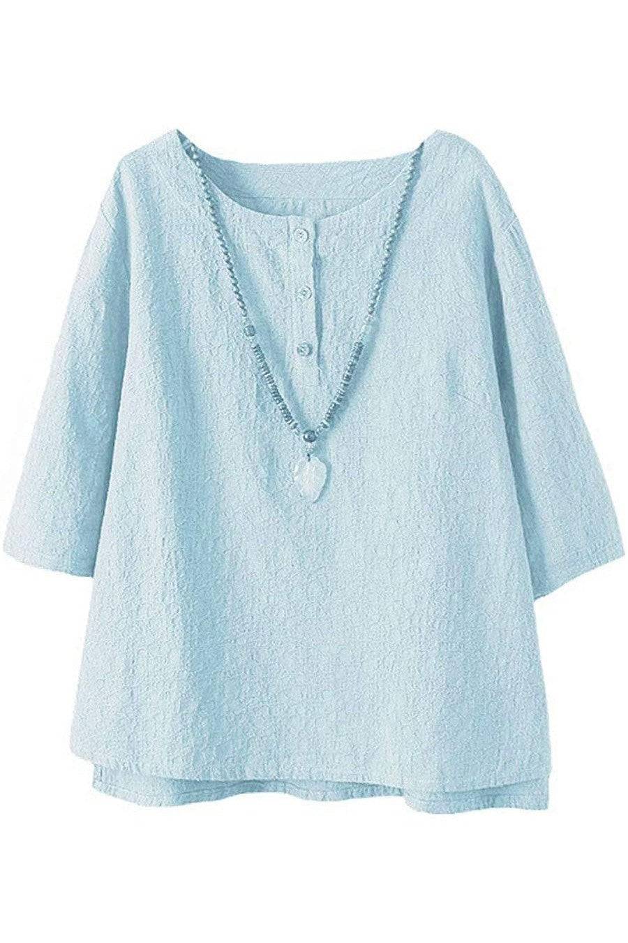 Women’s Button Shirt – Relaxed Fit – 3/4 Sleeve – Round Neck – Breathable Blend