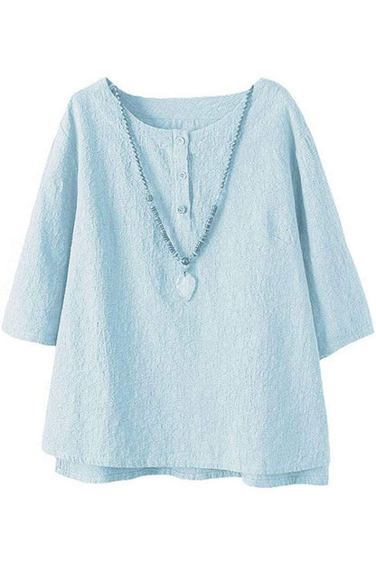 Women’s Button Shirt – Relaxed Fit – 3/4 Sleeve – Round Neck – Breathable Blend