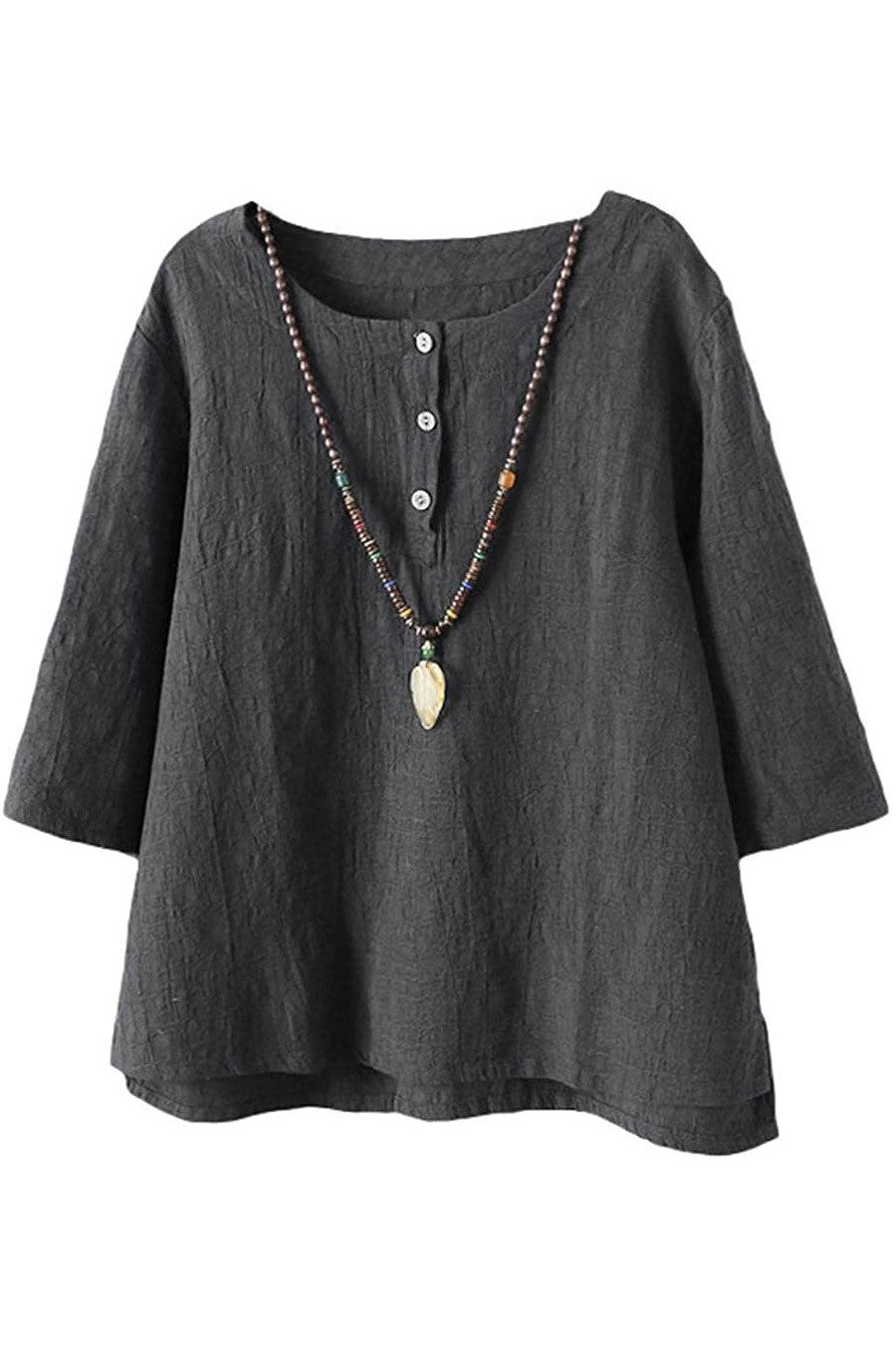 Women’s Button Shirt – Relaxed Fit – 3/4 Sleeve – Round Neck – Breathable Blend