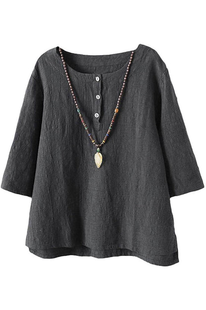 Women’s Button Shirt – Relaxed Fit – 3/4 Sleeve – Round Neck – Breathable Blend