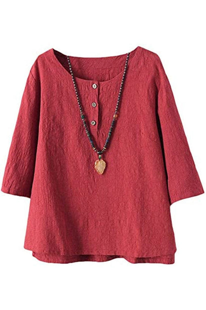 Women’s Button Shirt – Relaxed Fit – 3/4 Sleeve – Round Neck – Breathable Blend