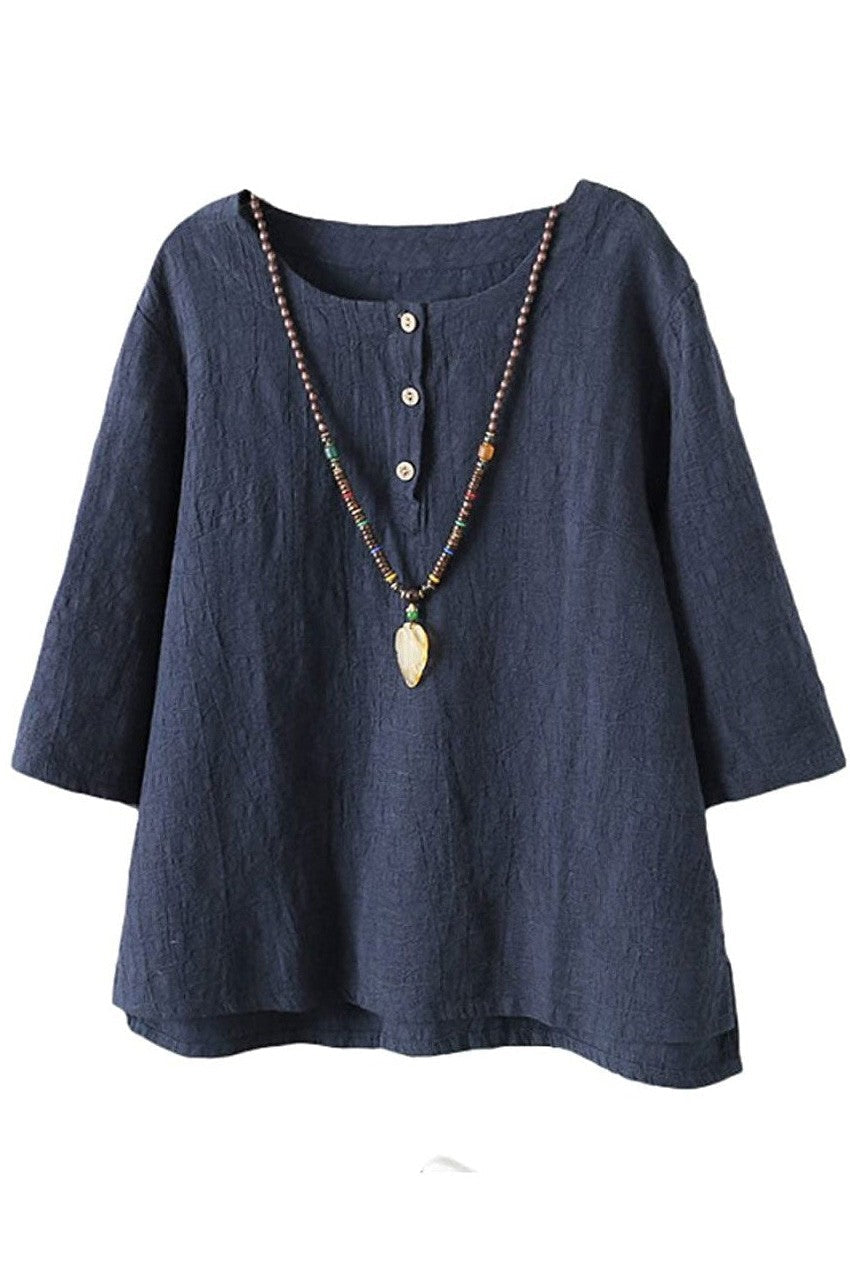 Women’s Button Shirt – Relaxed Fit – 3/4 Sleeve – Round Neck – Breathable Blend