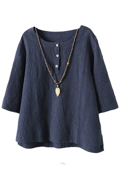 Women’s Button Shirt – Relaxed Fit – 3/4 Sleeve – Round Neck – Breathable Blend