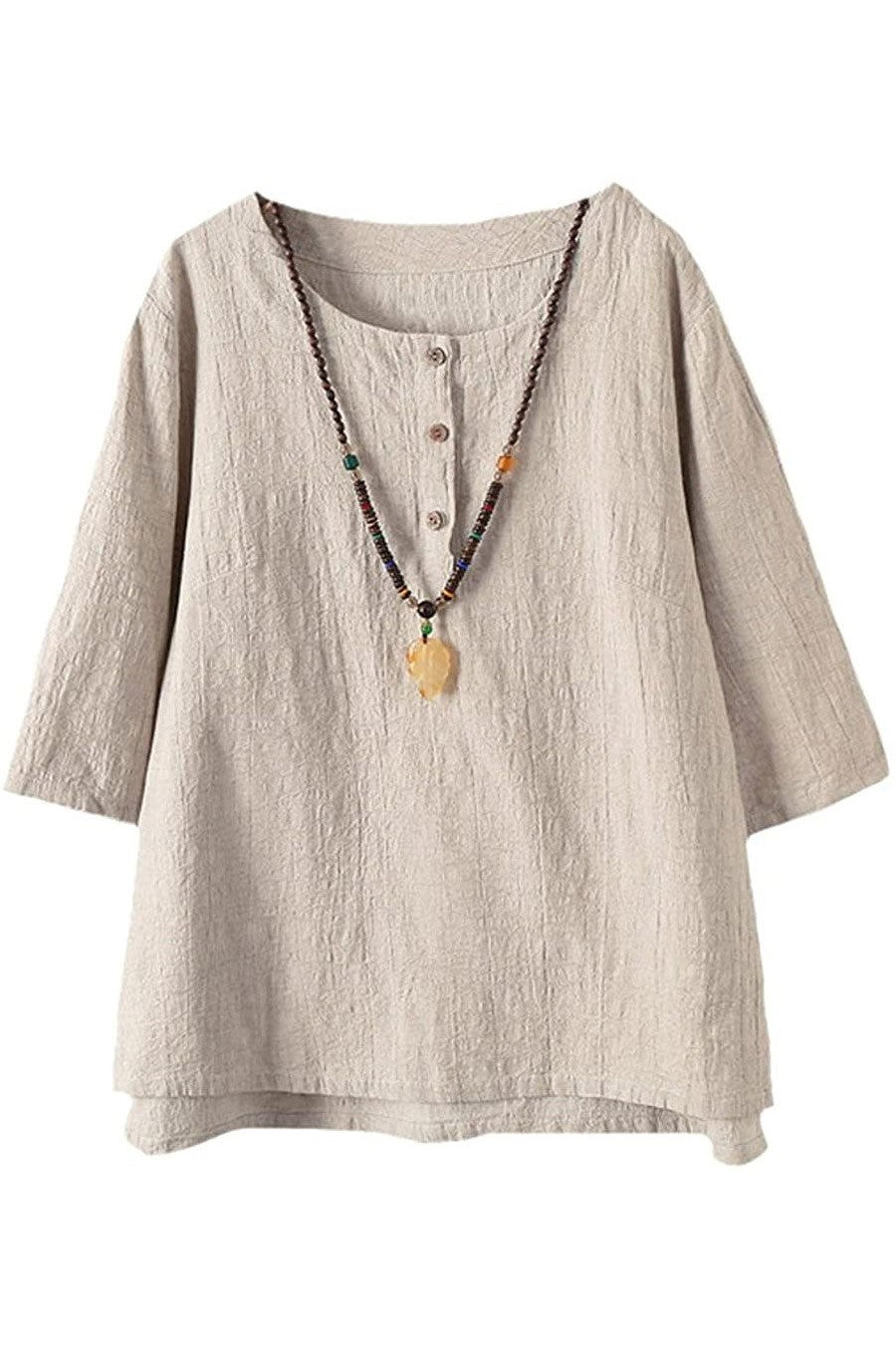 Women’s Button Shirt – Relaxed Fit – 3/4 Sleeve – Round Neck – Breathable Blend