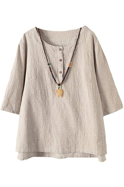 Women’s Button Shirt – Relaxed Fit – 3/4 Sleeve – Round Neck – Breathable Blend