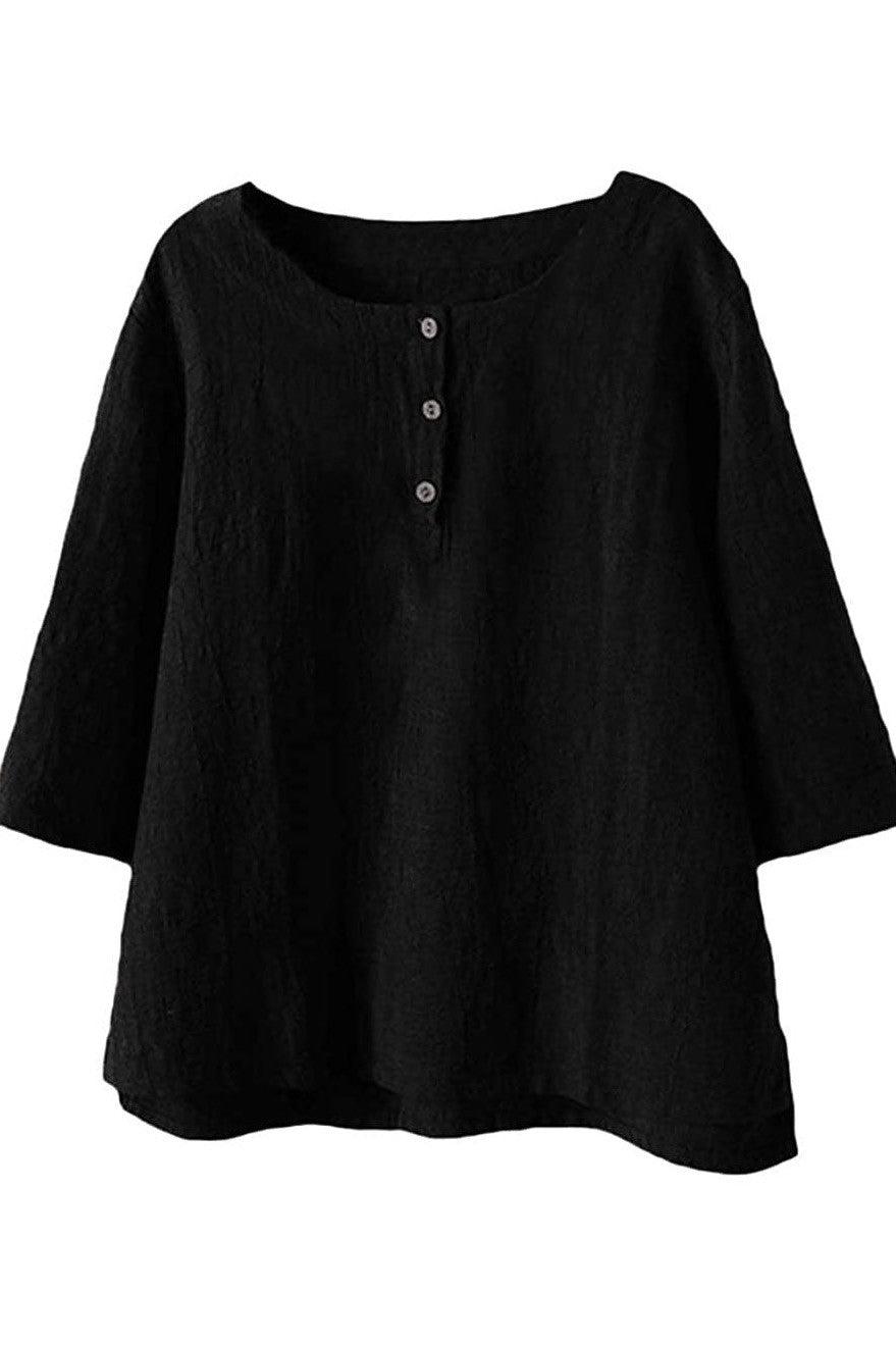 Women’s Button Shirt – Relaxed Fit – 3/4 Sleeve – Round Neck – Breathable Blend