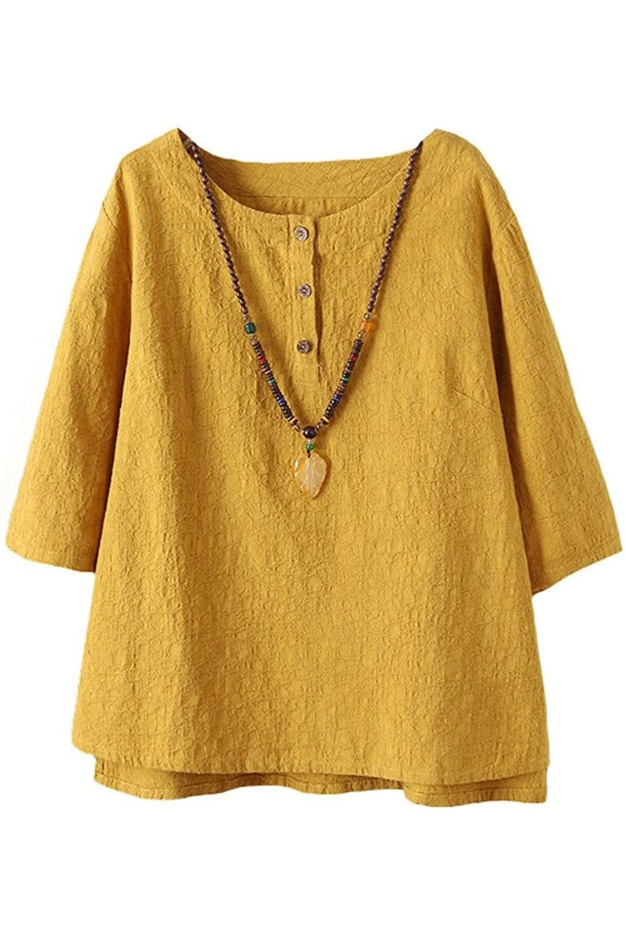 Women’s Button Shirt – Relaxed Fit – 3/4 Sleeve – Round Neck – Breathable Blend