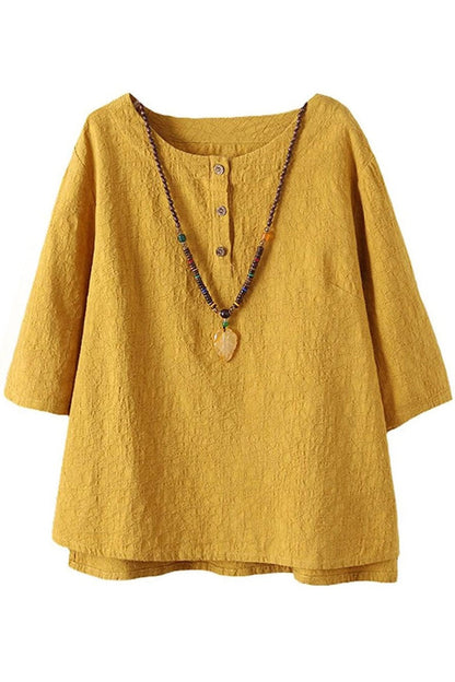 Women’s Button Shirt – Relaxed Fit – 3/4 Sleeve – Round Neck – Breathable Blend