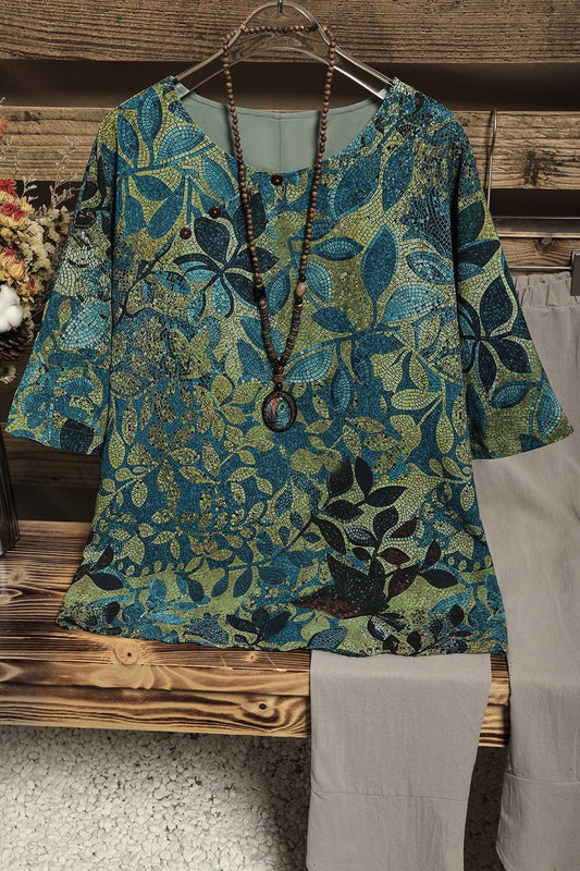 Women’s Blouse – Relaxed Fit – Half Sleeve – Leaf Print – Natural Fibers – Round Neck