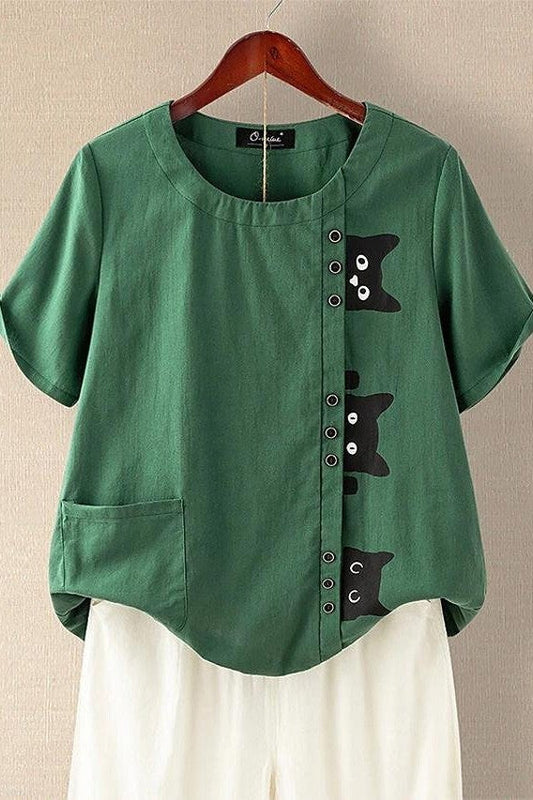 Women’s T-shirt – Relaxed Fit – Soft Knit – Cat Print – Button Detail – Side Pocket