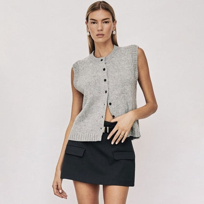 Women’s Sleeveless Cardigan – Wool Blend – Chunky Knit – Cropped – Relaxed Fit